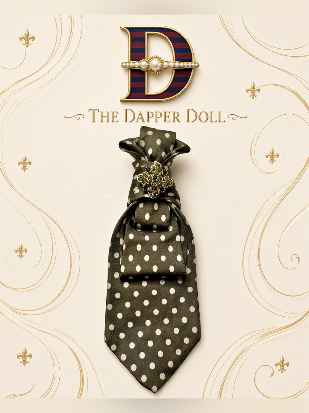 Women’s Olive Polka Dot Necktie with gorgeous brooch